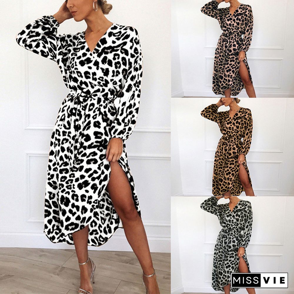 Sexy V-neck Leopard Print Long Sleeve Chiffon Dress