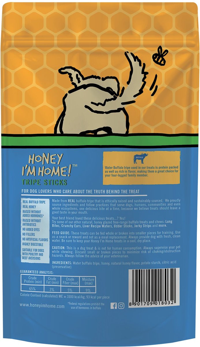 Honey I'm Home Tripe Sticks Honey Coated Buffalo Treats Natural Dog Chews， 5.29-oz bag