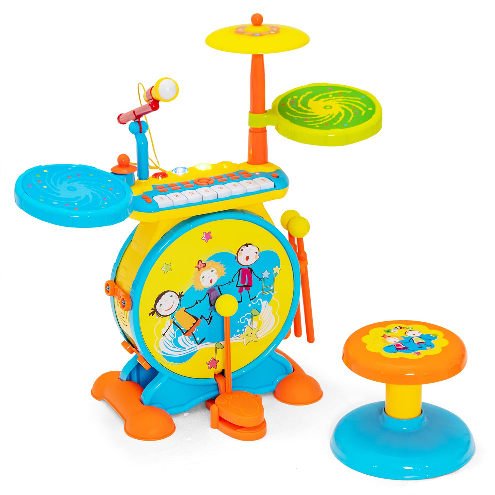 Costzon Kids Electronic Drum & Keyboard Set, 2-in-1 Roll Jazz Drum Kit with Stool