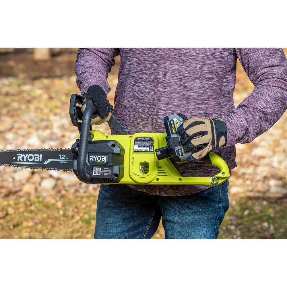 RYOBI ONE HP 18V Brushless Whisper Series 12 in Battery Chainsaw w Extra Chain Bar and Chain Oil 60 Ah Battery and Charger