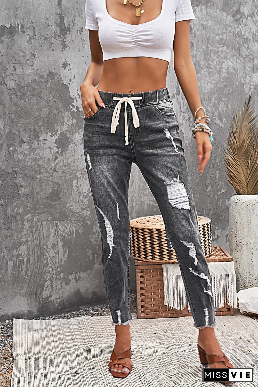 Gray Drawstring Elastic Waist Hole Ripped Jeans