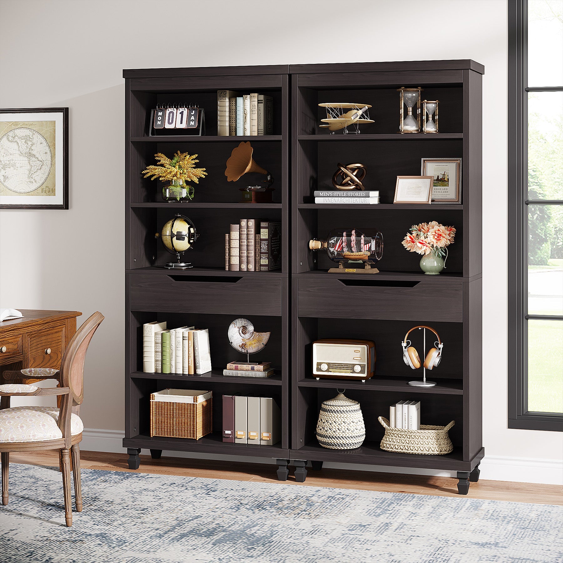 73 Bookcase, Wood 6-Tier Bookshelf Open Shelving Units with Drawer