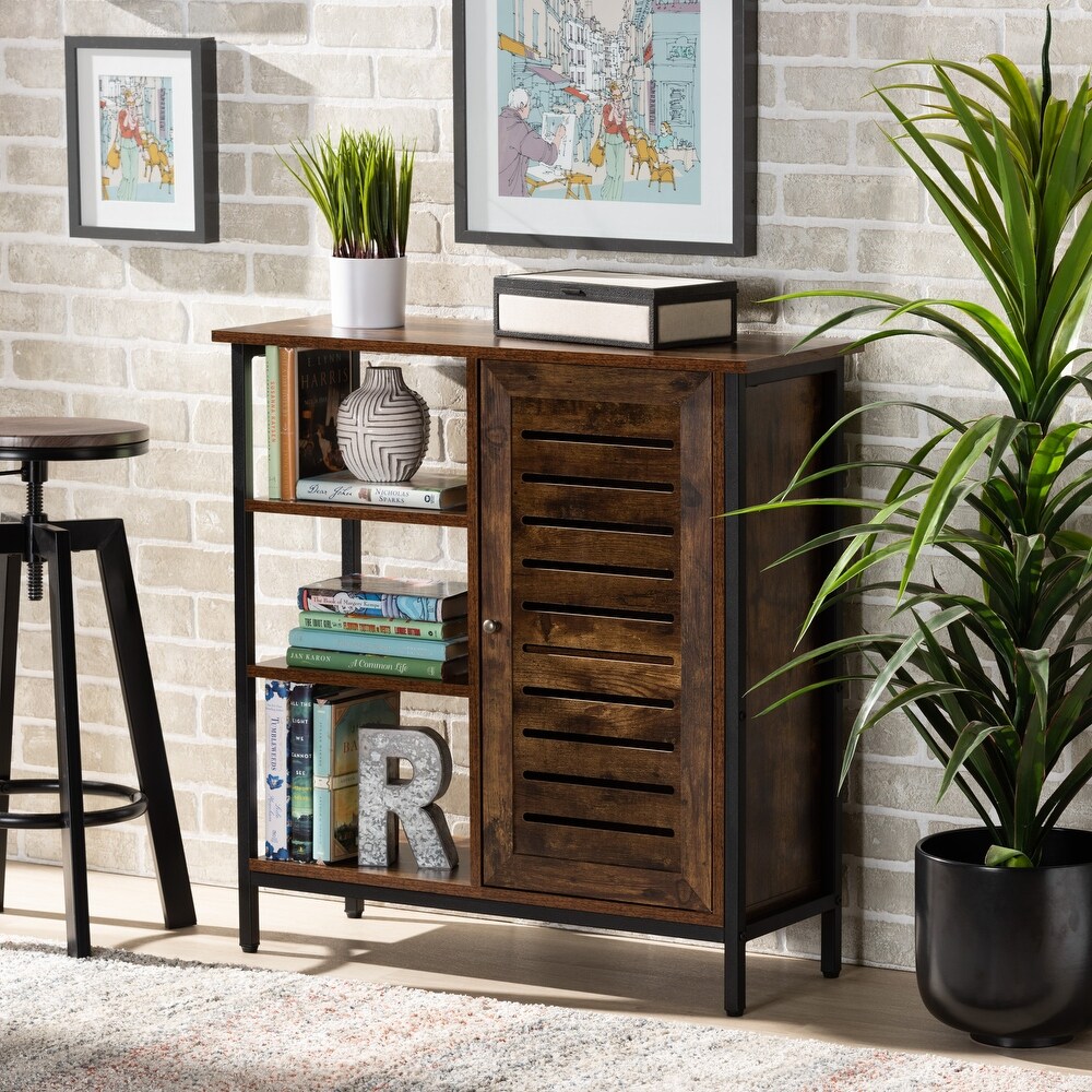 Wayland Modern Rustic Brown Wood and Metal Shoe Storage Cabinet