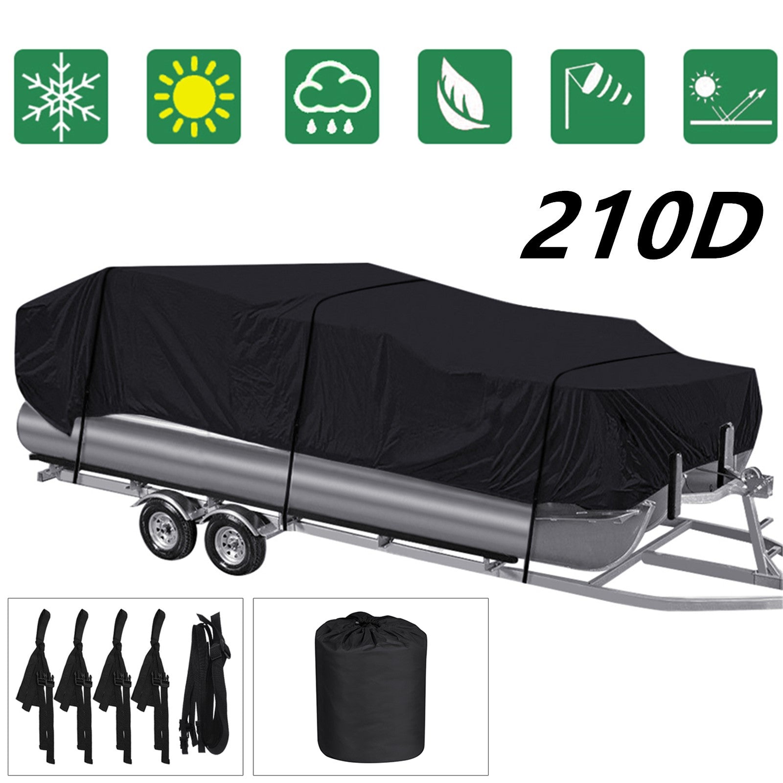 17-20FT 210D Waterproof Pontoon Boat Cover Anti-UV Heavy Duty Outdoor Trailerable Fish Ski Deck Boats Protector Black