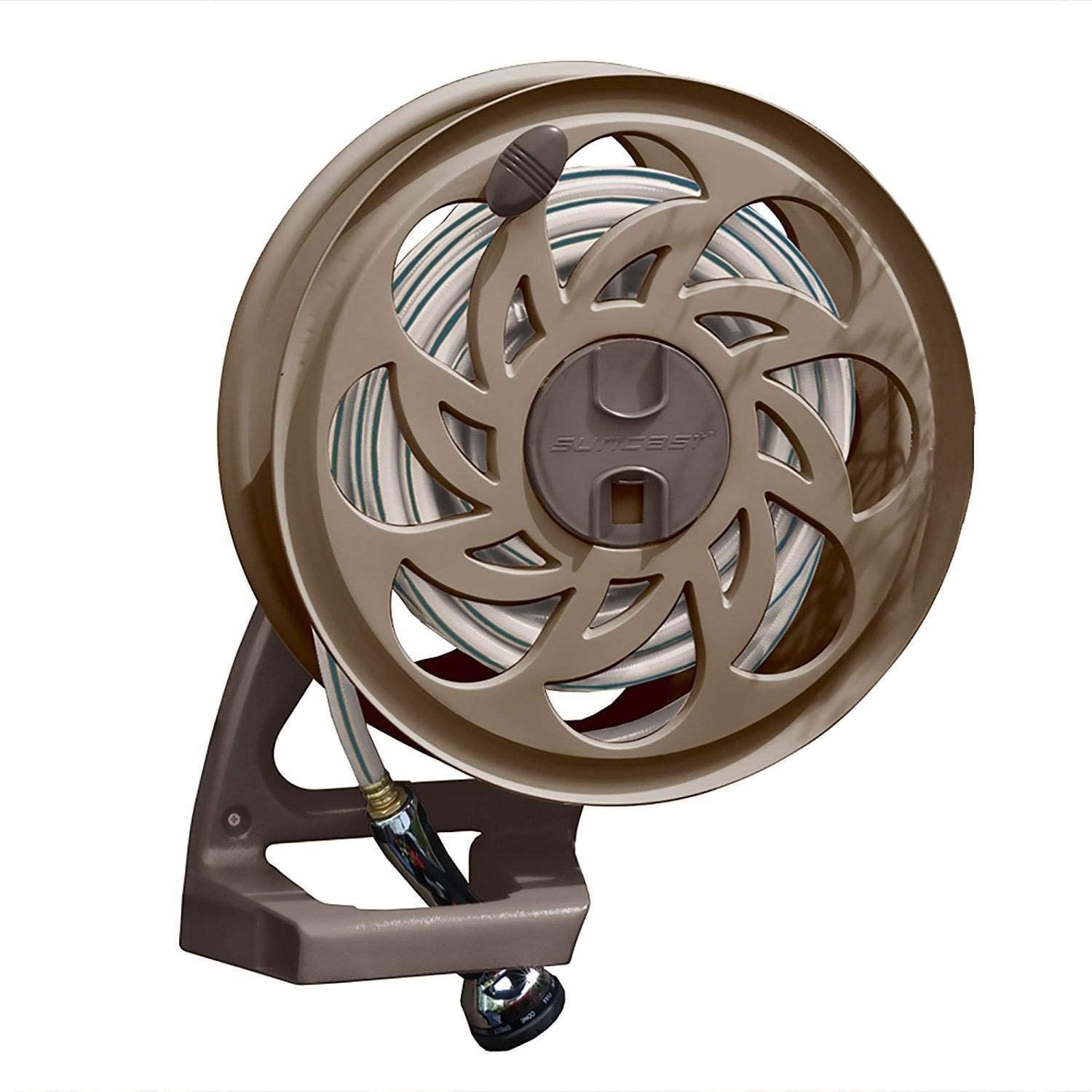 Suncast Sidetracker Garden Hose Reel with Guide - Fully Assembled Outdoor Wall Mount Tracker with Removable Reel - 125' Hose Capacity - Dark Taupe