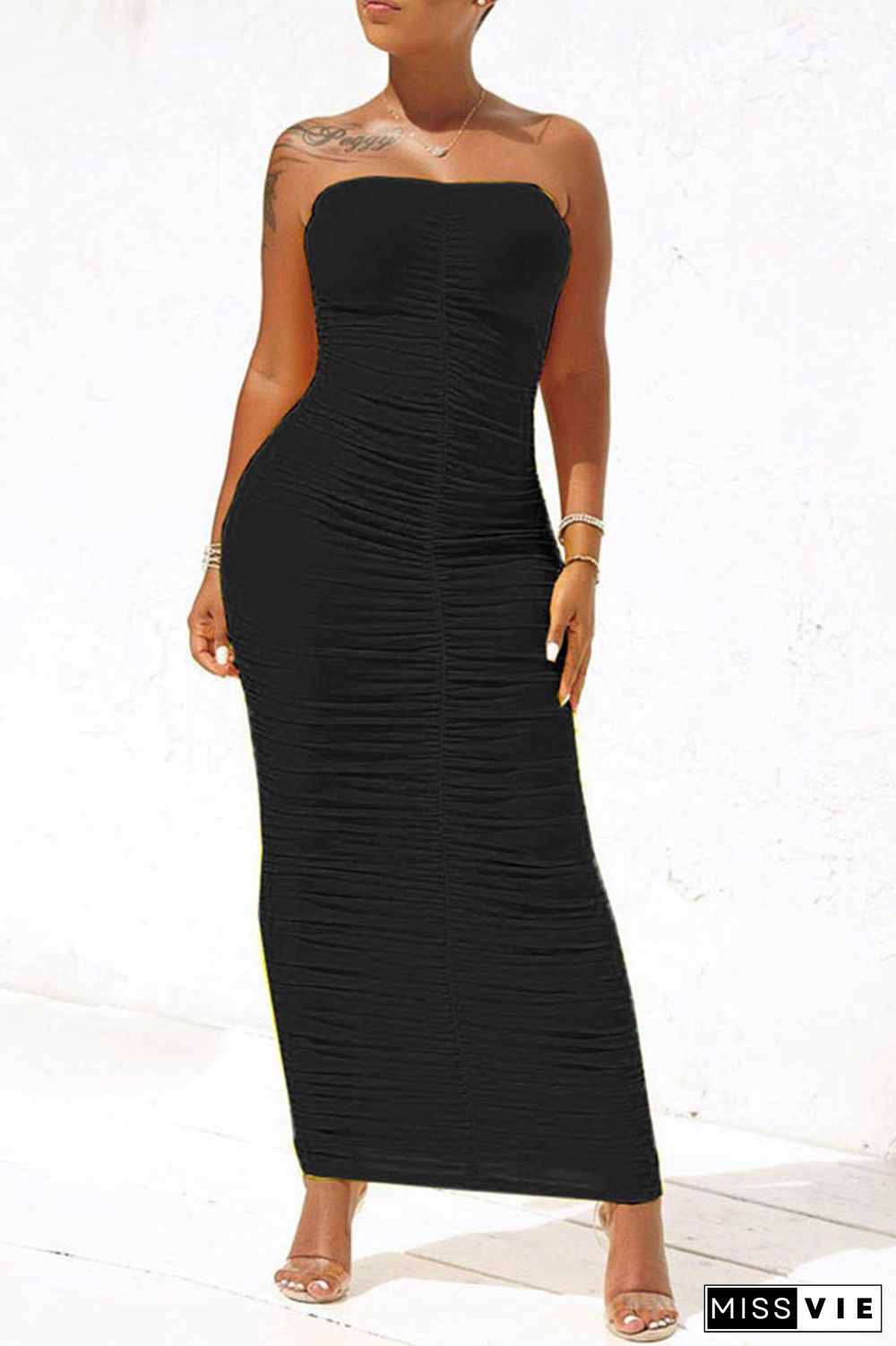 Black Sexy Solid Fold Strapless Pencil Skirt Dresses