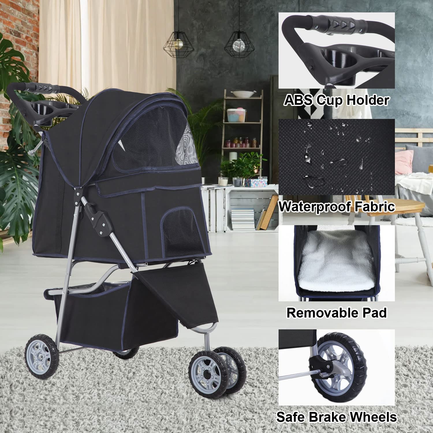 BestPet 3 Wheels Pet Stroller Dog Cat Stroller Folding Carrier Waterproof with Cup Holder (Black)