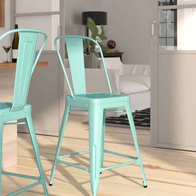 Metal Indoor outdoor Counter Stool With Vertical Slat Back And Integrated Footrest