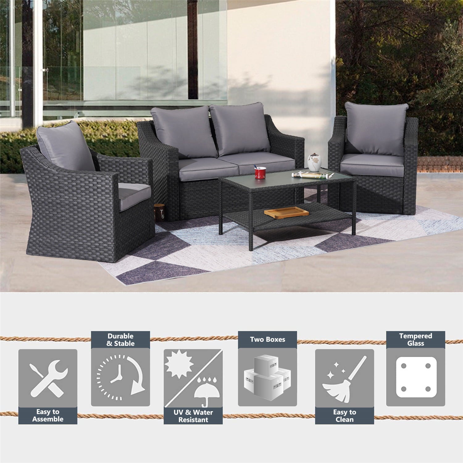 Superjoe 5 Piece Patio Furniture Set, Outdoor Wicker Conversation Sets Rattan Sofa with Glass Table for Garden Deck Porch, Grey Cushions