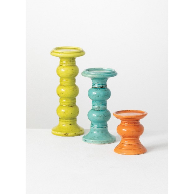 Sullivans Set Of 3 Pillar Candle Holder 5 quot h 10 quot h amp 12 quot h Blue Green amp Orange