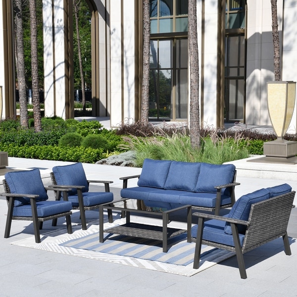 OVIOS 5piece Outdoor Steel Frame Ottoman Wicker Solid Pattern Cushion Sectional Set Glass Top Table