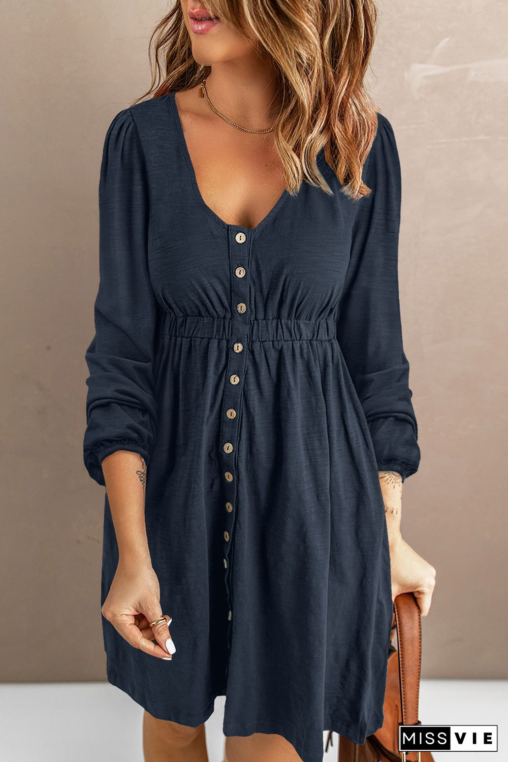 Dark Blue Button Up High Waist Long Sleeve Dress