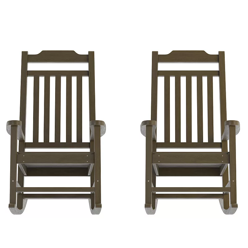 Emma and Oliver Set of 2 All-Weather Poly Resin Faux Wood Rocking Chairs for Porch andPatio