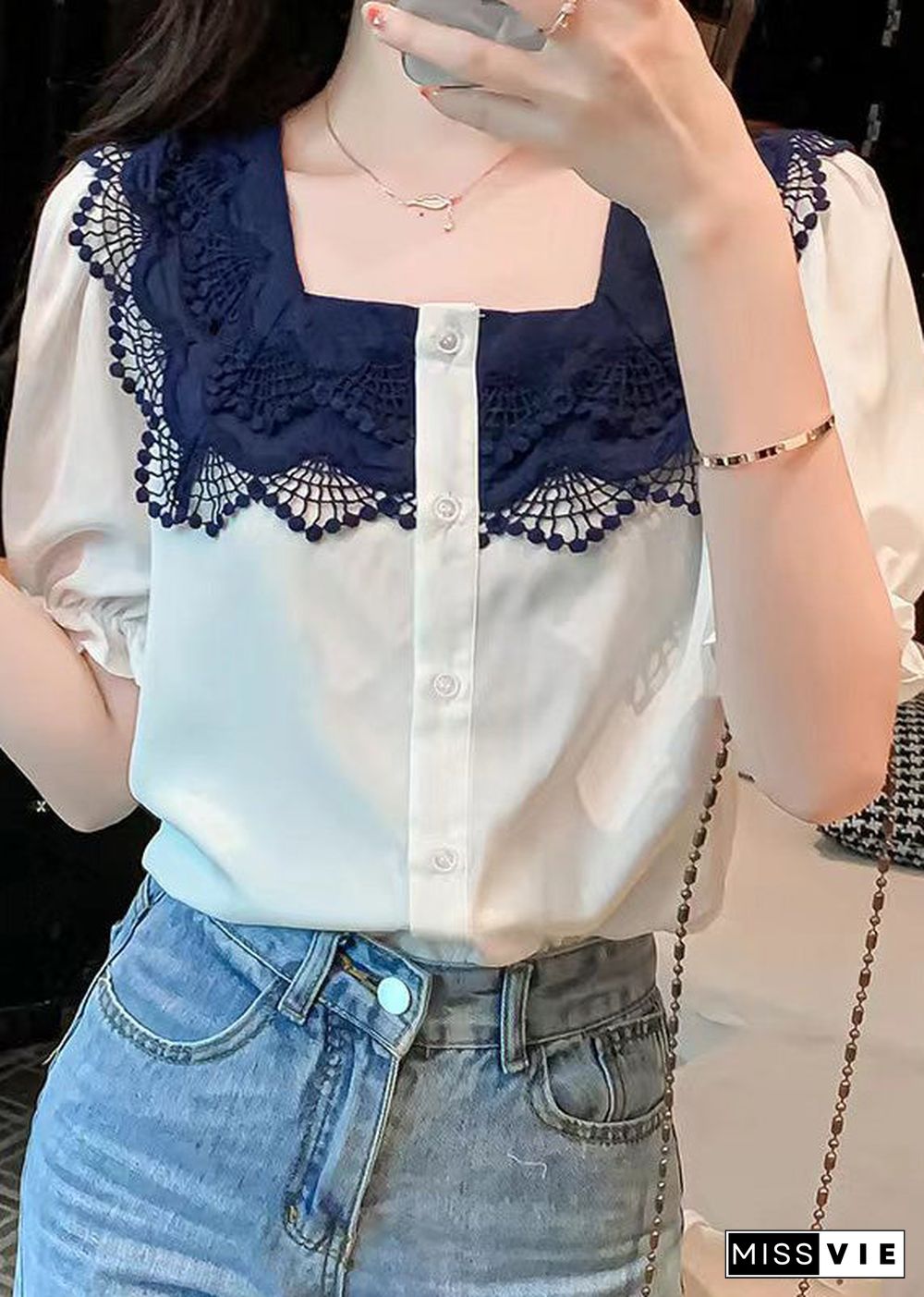 Women White Square Collar Lace Patchwork Button Shirt Short Sleeve