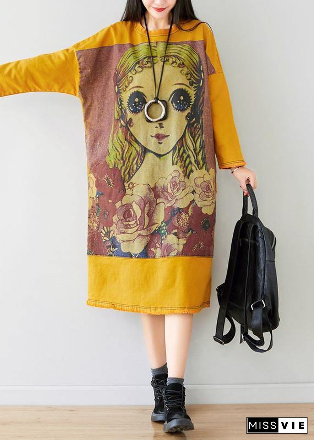 French Yellow U Neck Dress Character Print Spring Ankle Dress