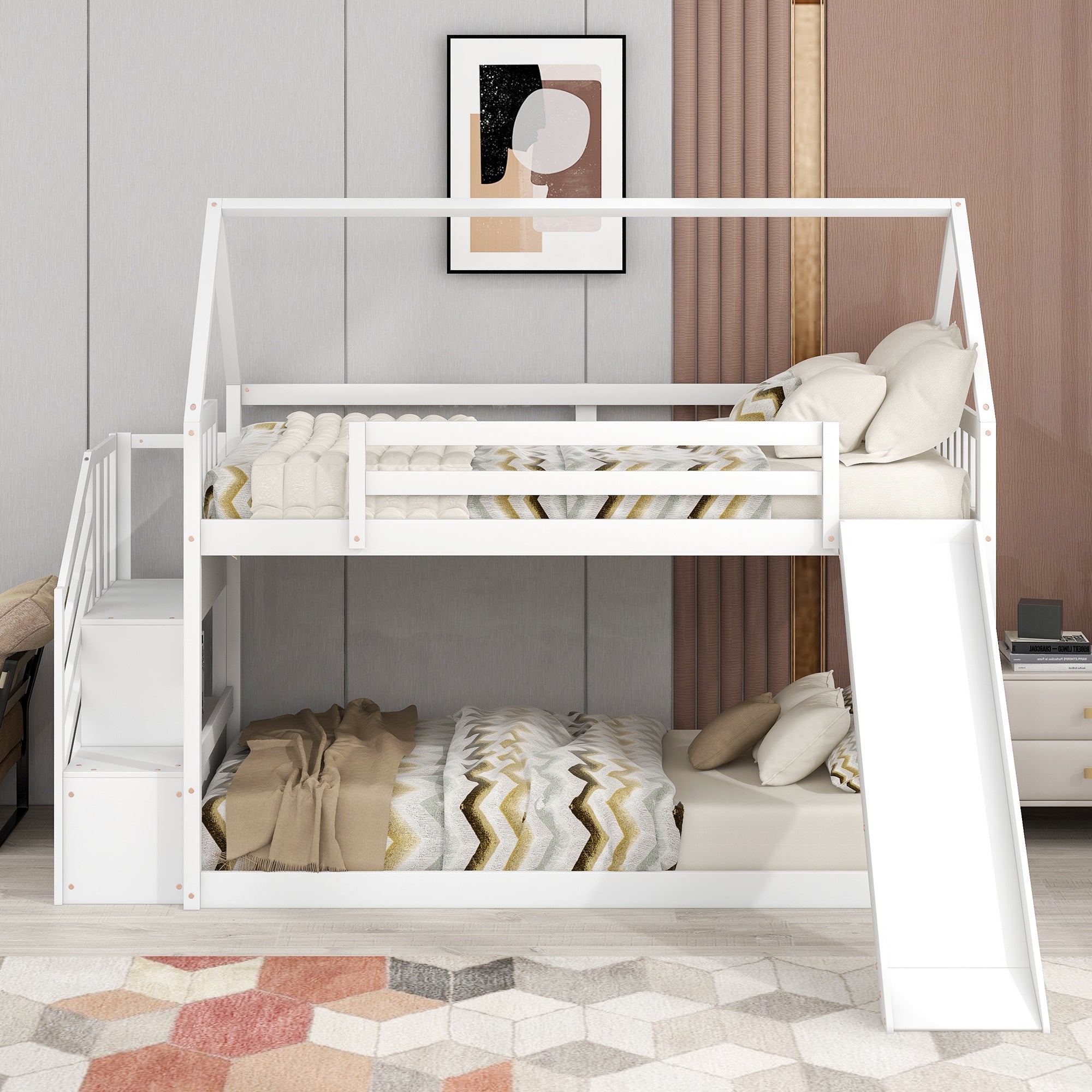 EUROCO Twin over Twin House Bunk Bed with Staircase for Kids Bedroom, White