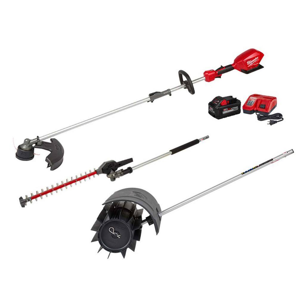 MW M18 FUEL 18V Lithium-Ion Brushless Cordless QUIK-LOK String Trimmer 8Ah Kit wRubber Broom  Hedge Trimmer Attachments 2825-21ST-49-16-2740-49-16-2719