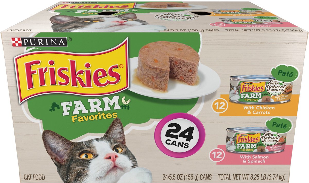 Purina Friskies Farm Favorites Chicken and Carrots and Salmon and Spinach Pate Wet Cat Food Variety Pack， 5.5-oz can， case of 24