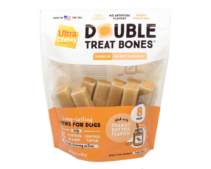 Ultra Chewy Double Treat Bones™ Peanut Butter Flavor Dog Treats， 8 Pack