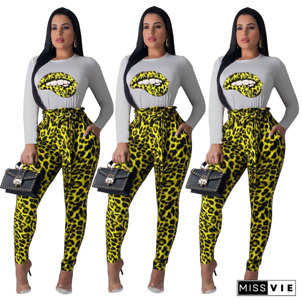 Leopard Print Long Sleeve T-shirt Pencil Pants Two-piece Set