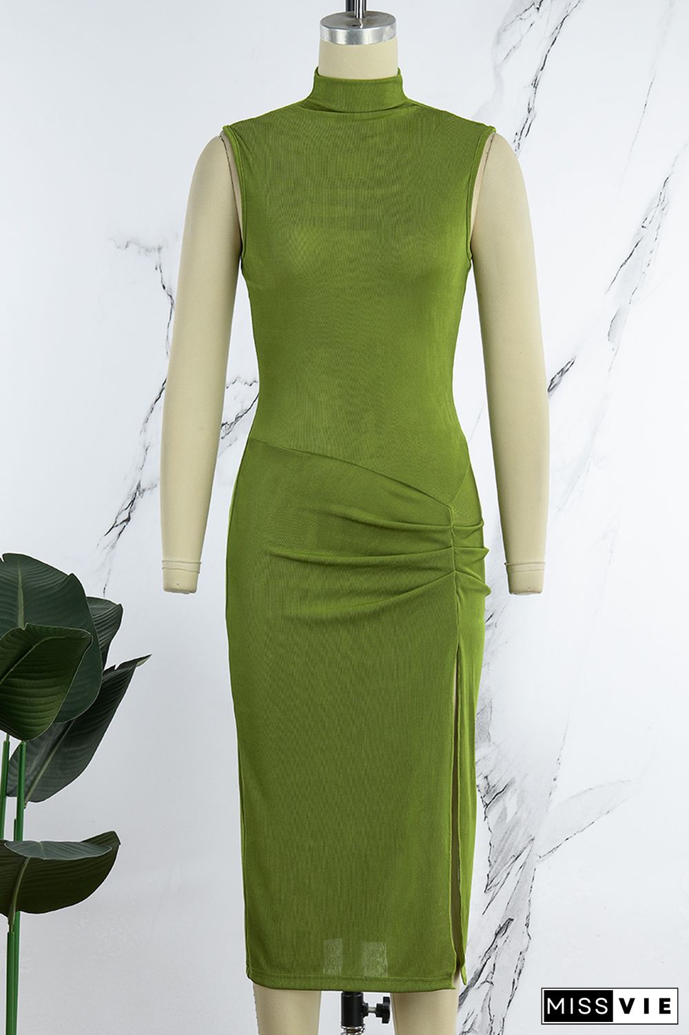 Army Green Elegant Solid High Opening Fold Turtleneck Wrapped Skirt Dresses