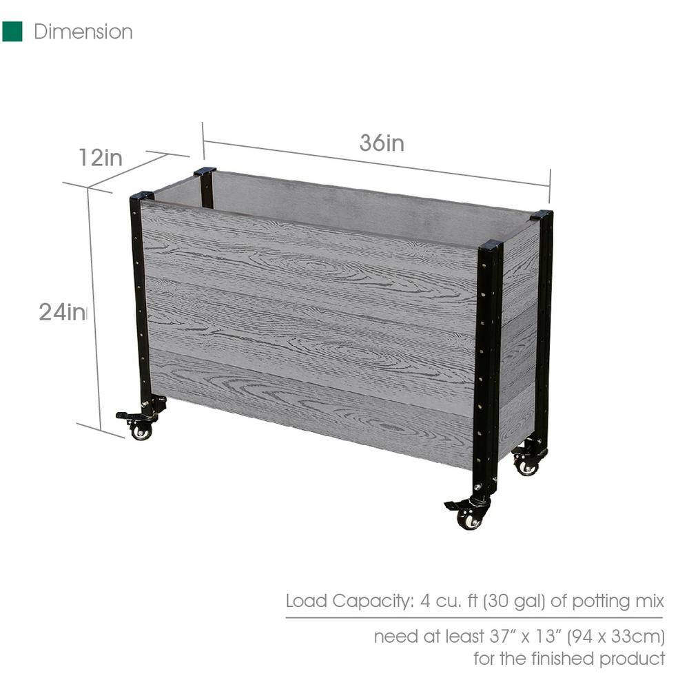 EverBloom 12 in. D x 24 in. H x 36 in. W Grey and Black Composite Board and Steel Mobile Deep Trough Planter Box Raised Garden Bed K2112G