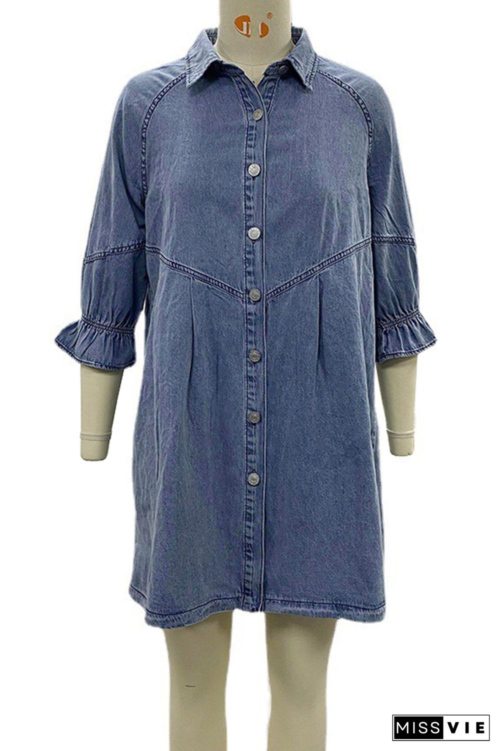 Vintage Washed Puff Sleeve Denim Mini Shirt Dress Wholesale