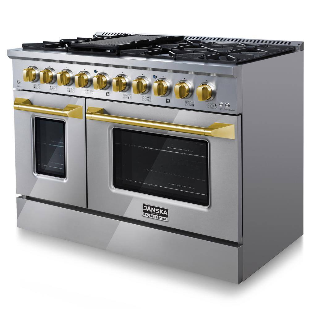 JANSKA Professional 48 in. 6.7 cu. ft. 8-Burners Double Oven Gas Range w Griddle in Stainless Steel with Gold Knobs and Handle GR-670 G