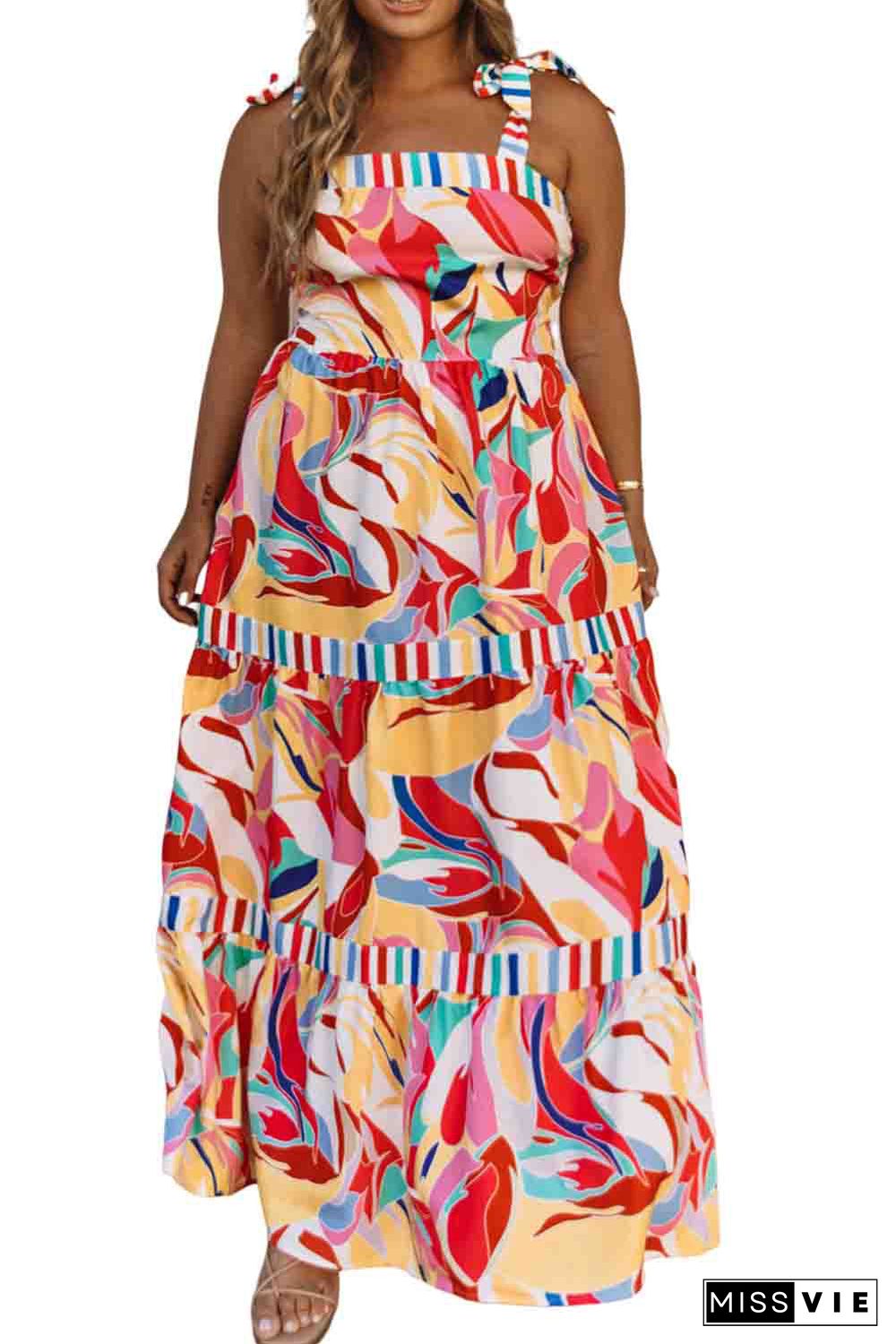 Multicolor Bohemian Abstract Print Tie Straps Maxi Dress