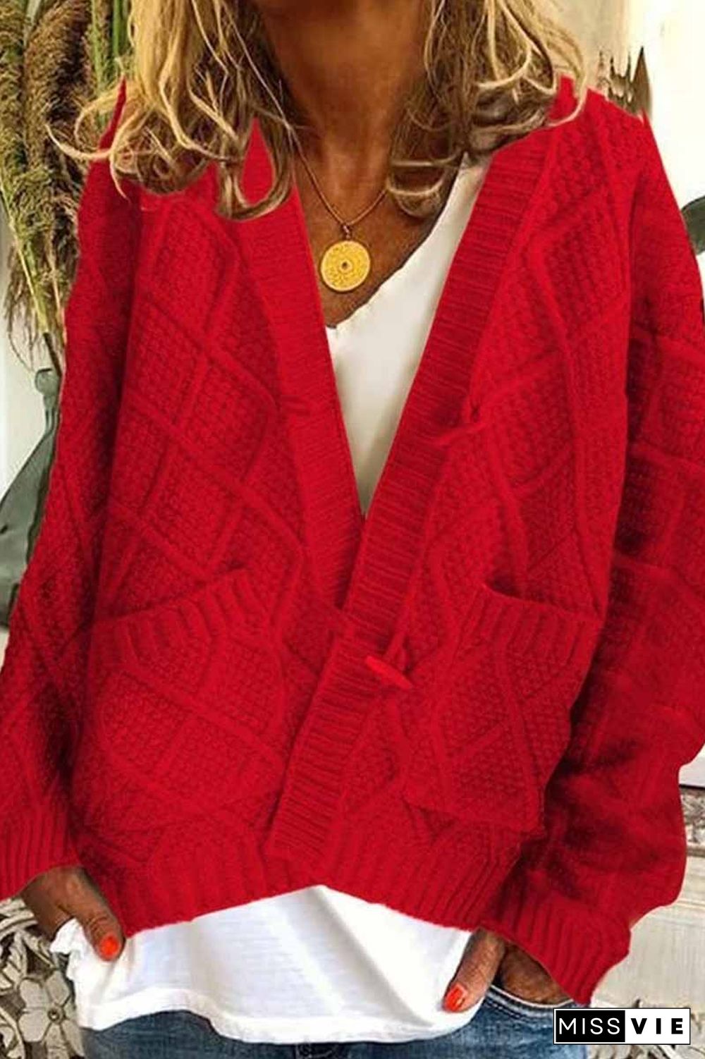 Solid Ribbed Horn Buckle Pockets Cardigan(4 Colors)