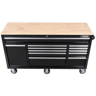 Husky 62 in. W x 20 in. D 12-Drawer Gloss Black Mobile Workbench Cabinet with Solid Wood Top and Power Drawer H62MWC12BLK