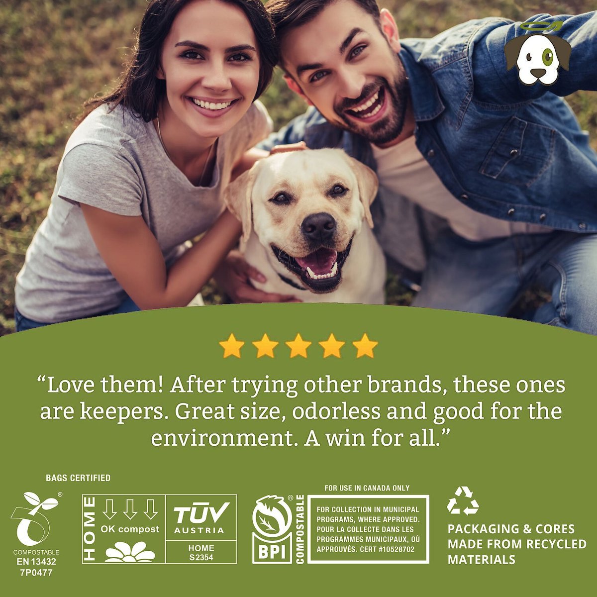 Doggy Do Good Certified Compostable XL Premium Dog and Cat Waste Bags - Handle Bags On A Roll