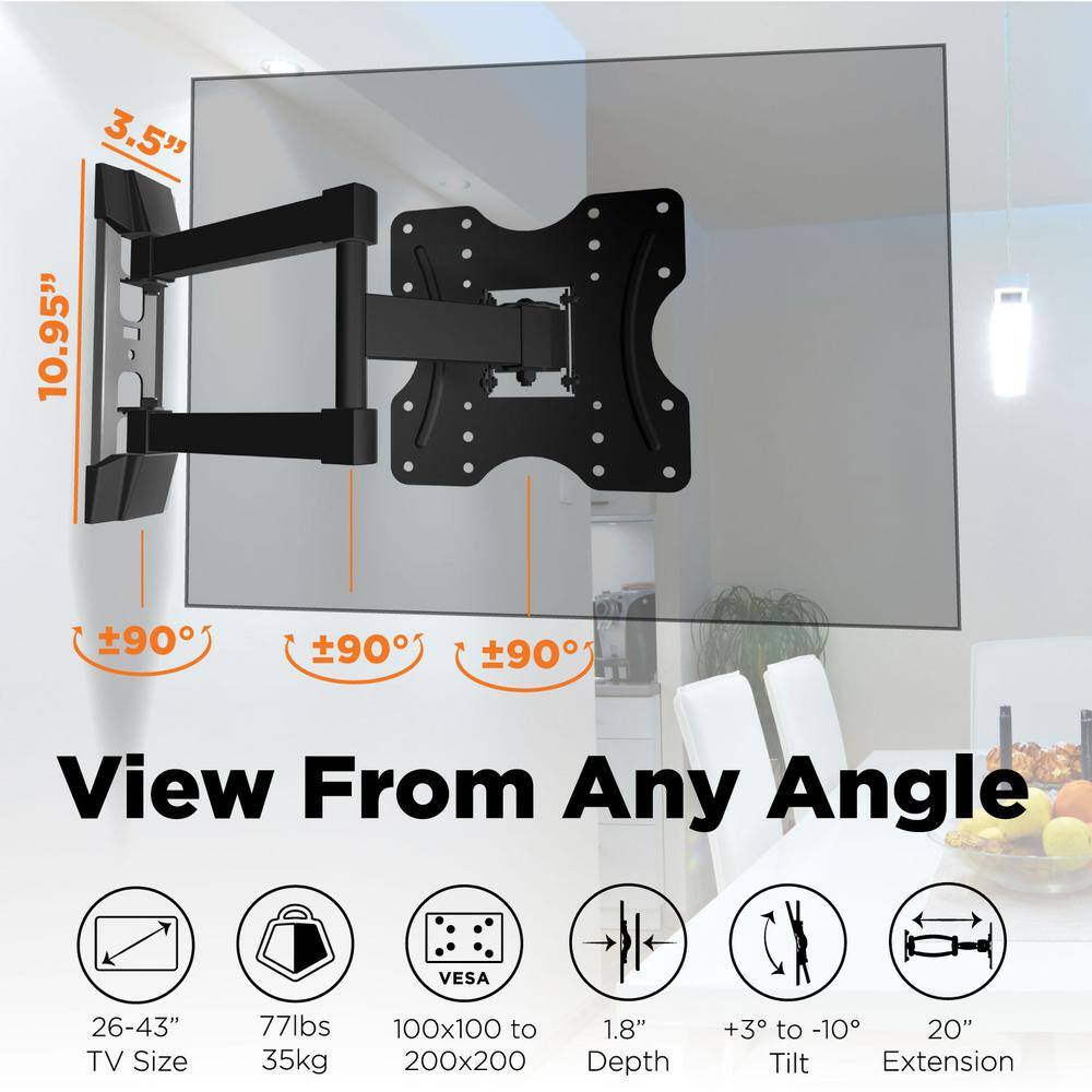 ProMounts Articulating Extending Wall TV Mount for 26-43'' TVs up to 55lbs Fully Assembled Easy Install Low Profile TV Brackets OMA2201