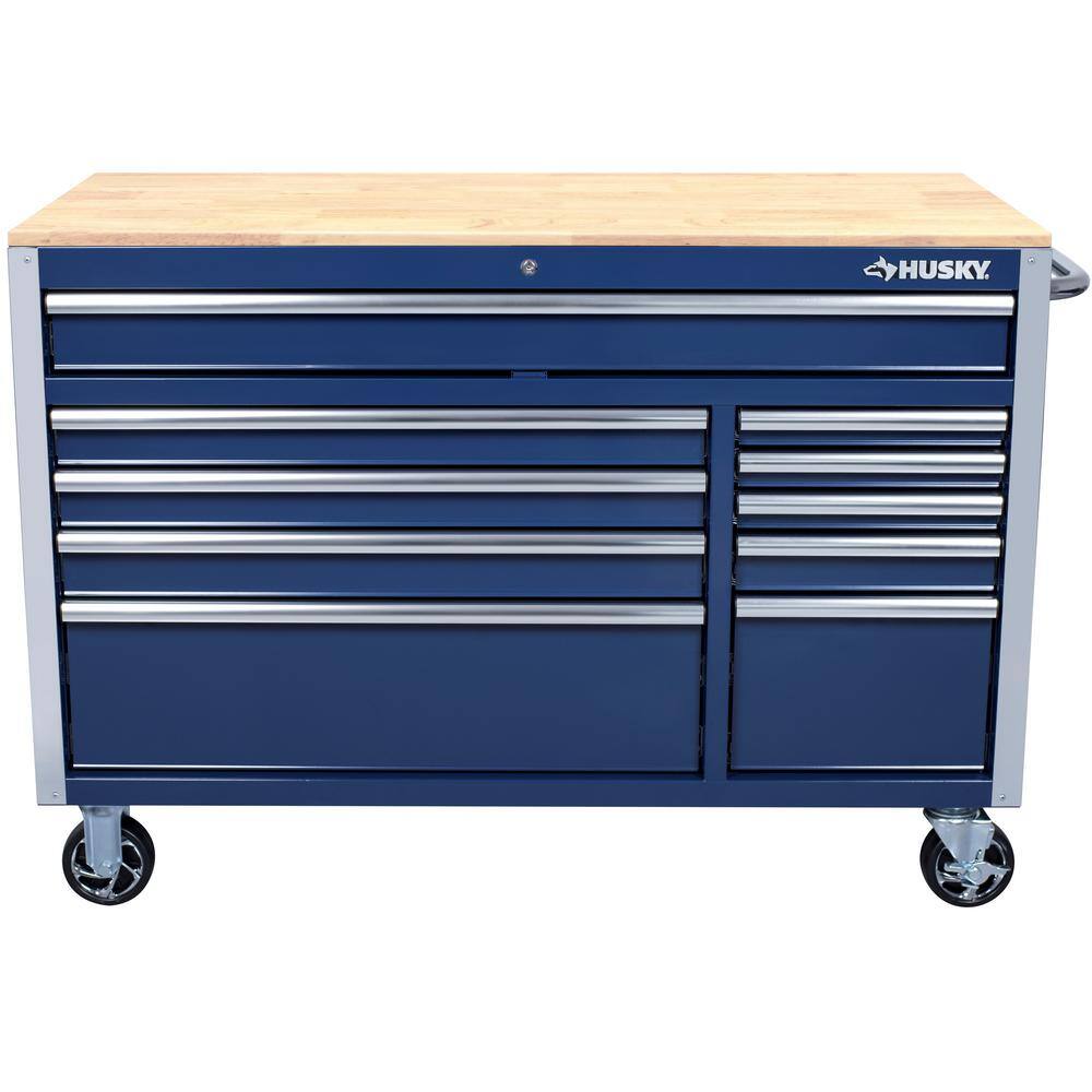 Husky 52 in. W x 24.5 in. D Standard Duty 10-Drawer Mobile Workbench Tool Chest with Solid Wood Work Top in Gloss Blue H52MWC10BLU