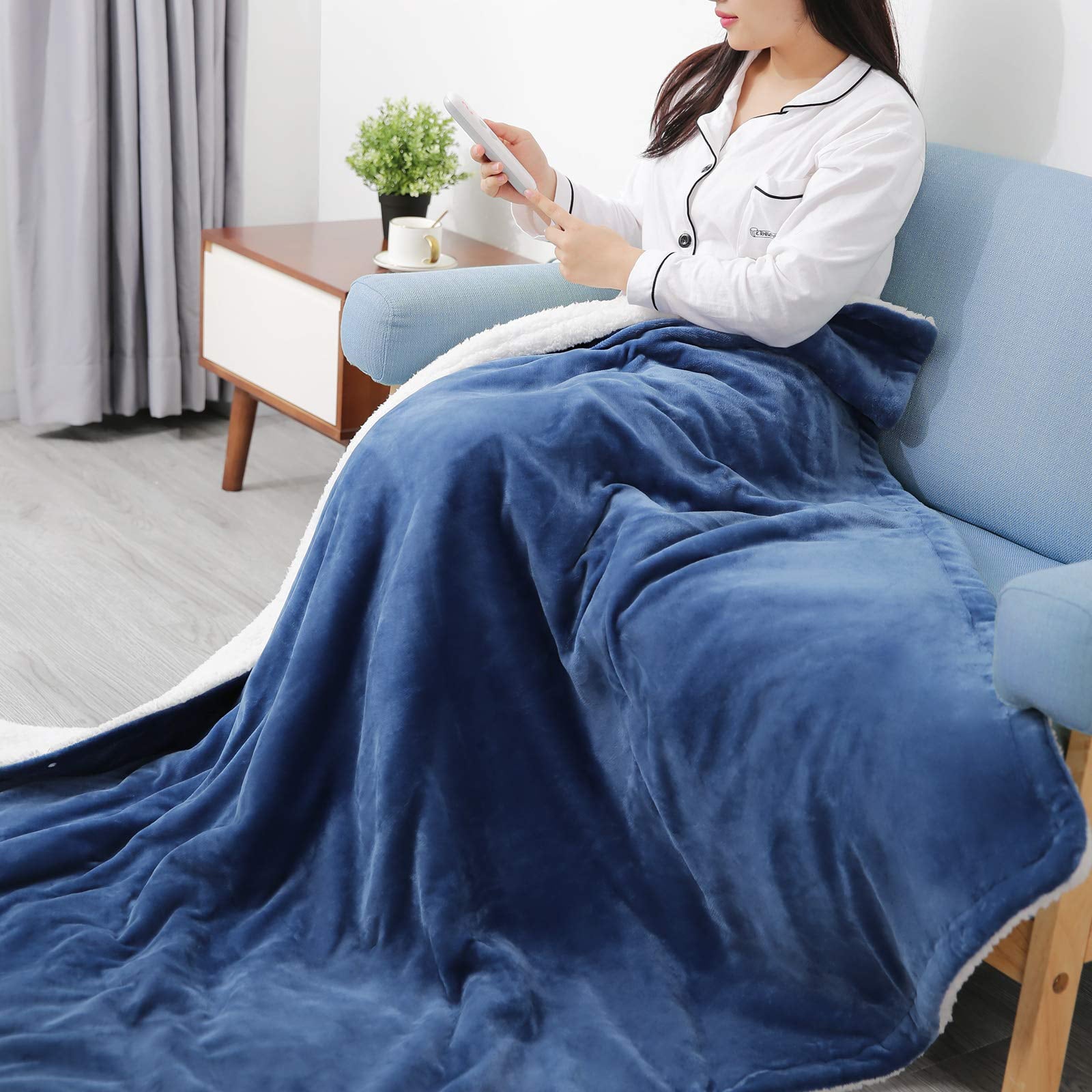 Electric Blanket  50'' x 60'' Flannel and Shu Velveteen Heated Throw with 6 Heating Levels 5 Auto-off Timing Settings Machine Washable - Blue