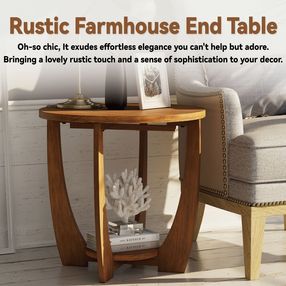 COZAYH Rustic Farmhouse End Table with Storage Shelf  French Country Accent Side Table  Round