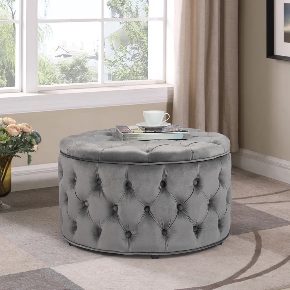 Adeco Round Storage Ottoman Button Tufted Footrest Stool Bench