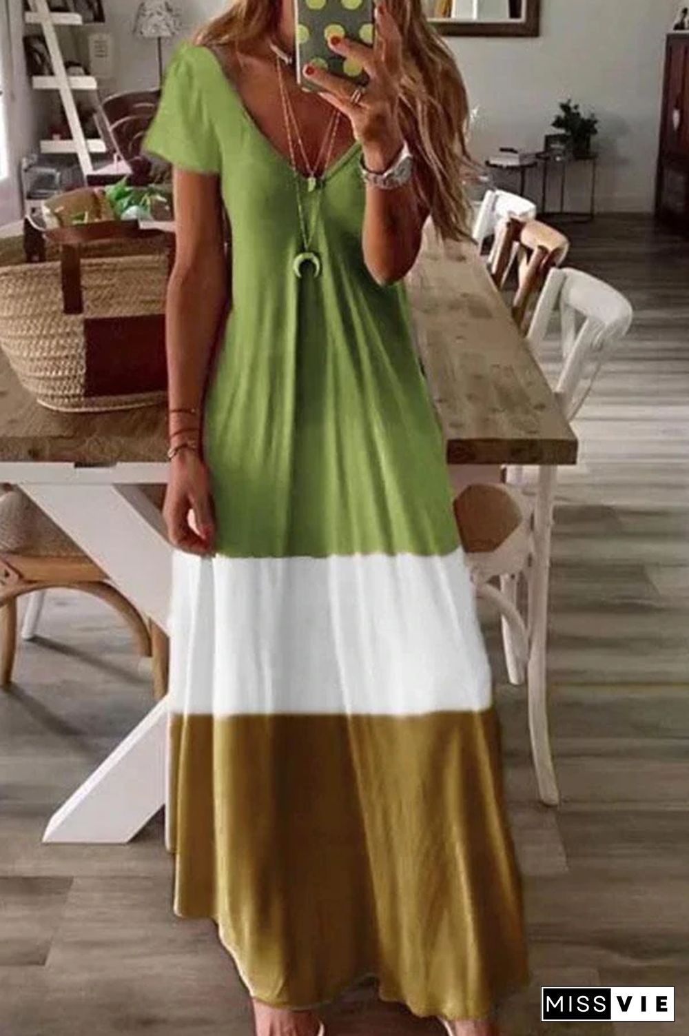 Color-block V-neck Short Sleeves A-line Holiday Maxi Dress