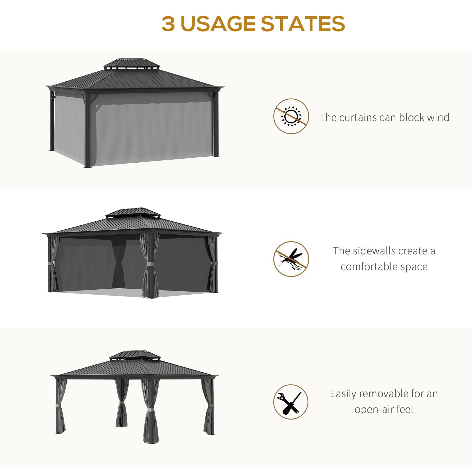 Outsunny 12' x 16' Hardtop Gazebo Canopy with Galvanized Steel Double Roof, Aluminum Frame, Permanent Pavilion Outdoor Gazebo with Netting and Curtains for Patio, Garden, Backyard, Deck, Lawn, Gray