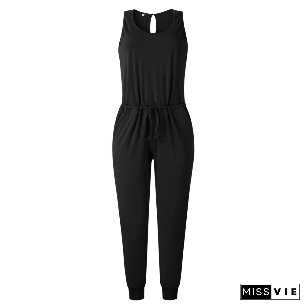 Black Solid Sleeveless Draw Cord Waist Jumpsuit