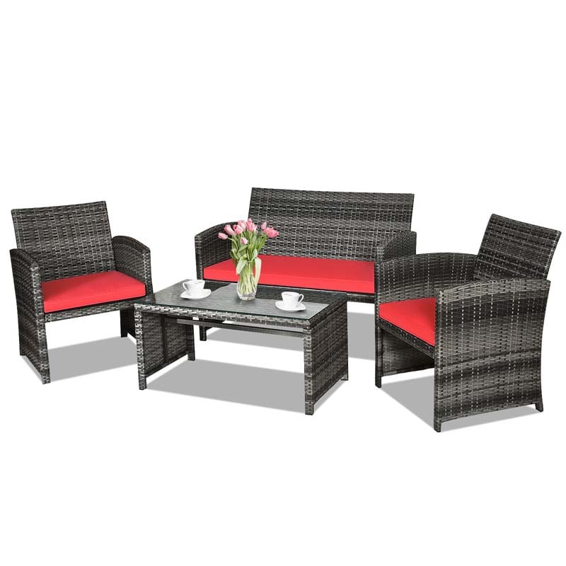 4 Pcs Rattan Wicker Patio Furniture Sets, Outdoor Conversation Sets with Loveseat, Table, Single Sofas