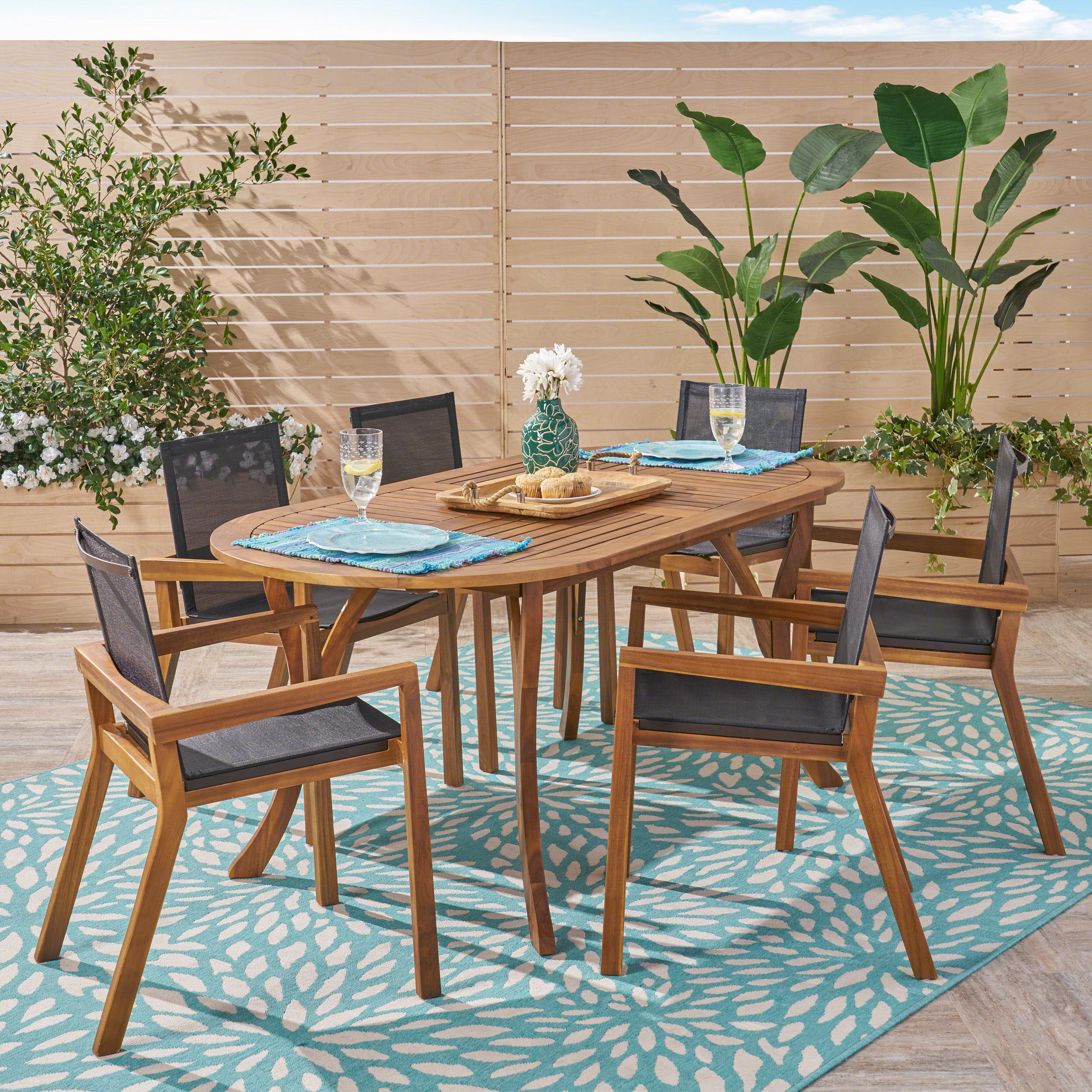 Pitt Outdoor Acacia Wood 6 Seater Patio Dining Set with Mesh Seats