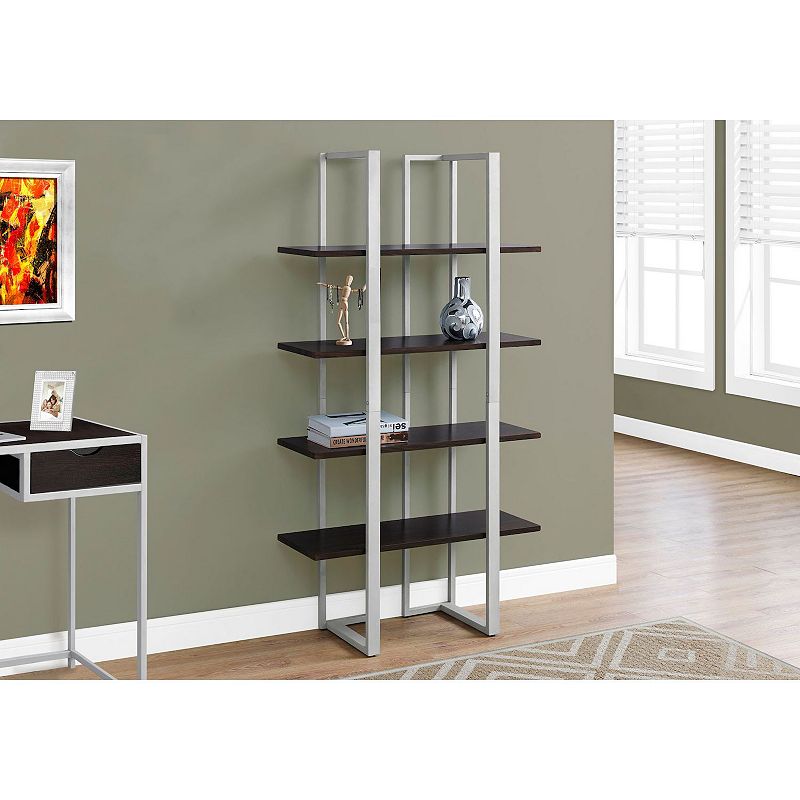 60 Cappuccino Brown and Silver Contemporary 4 Shelves Rectangular Bookcase