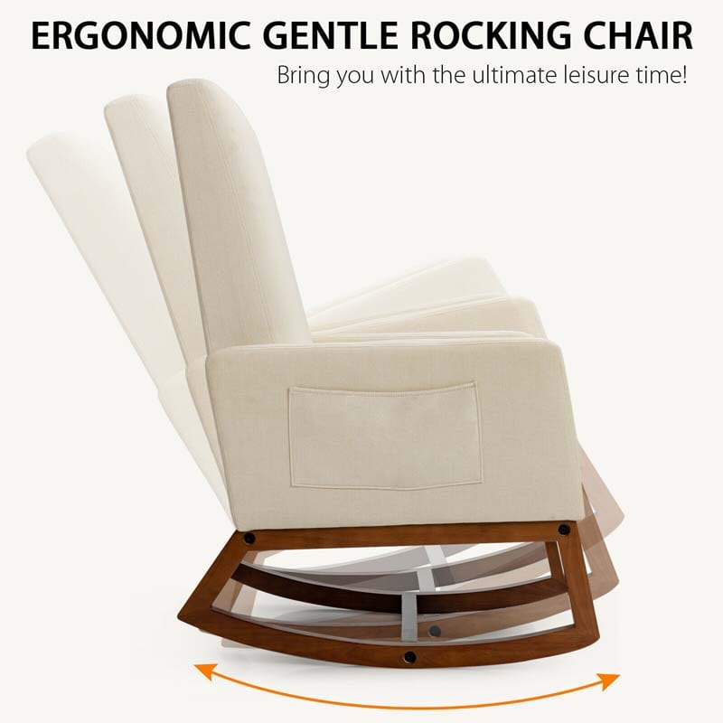 High Back Rocking Chair Upholstered Living Room Chair Nursery Accent Armchair with Wood Base & Side Pocket