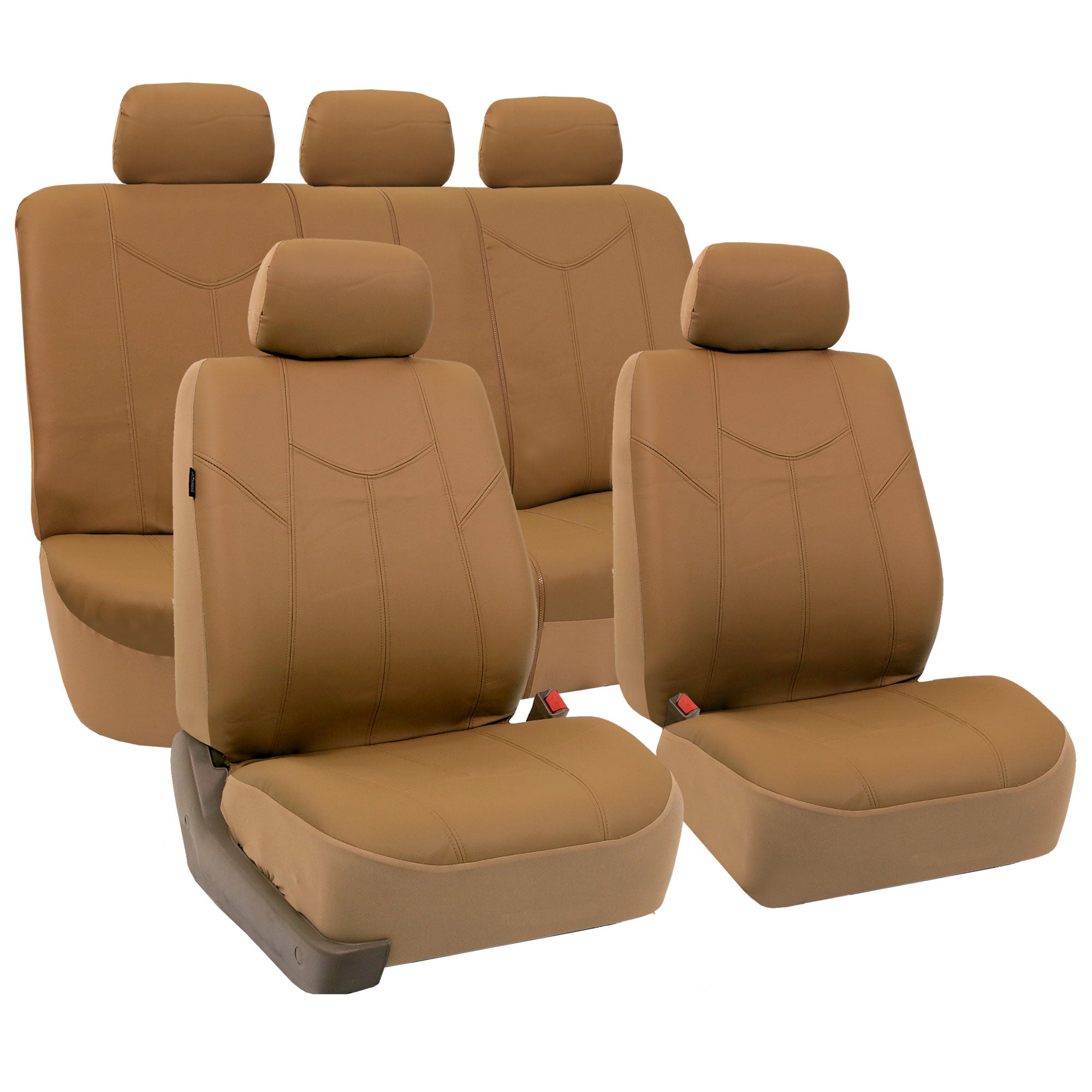 FH Group PU Leather Airbag Compatible Split Bench Seat Covers for Auto， Full set with Carpet Floor Mats， Beige