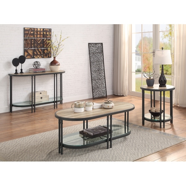 Brantley Metal Round End Table with Glass Open Storage Shelf in Oak and Sandy Black Finish