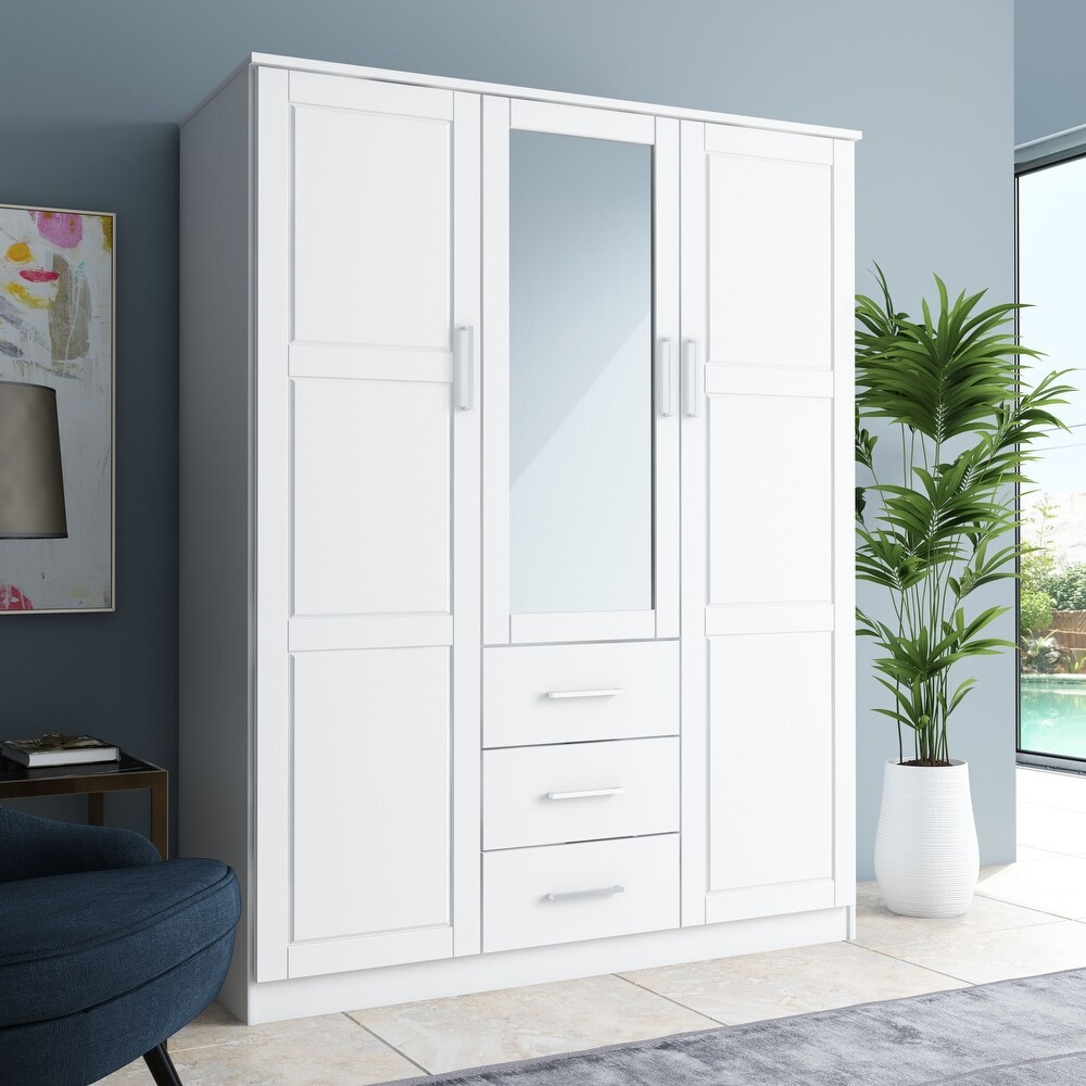 Palace Imports 100% Solid Wood Cosmo 3 Door Wardrobe Armoire with Solid Wood or Mirrored Doors