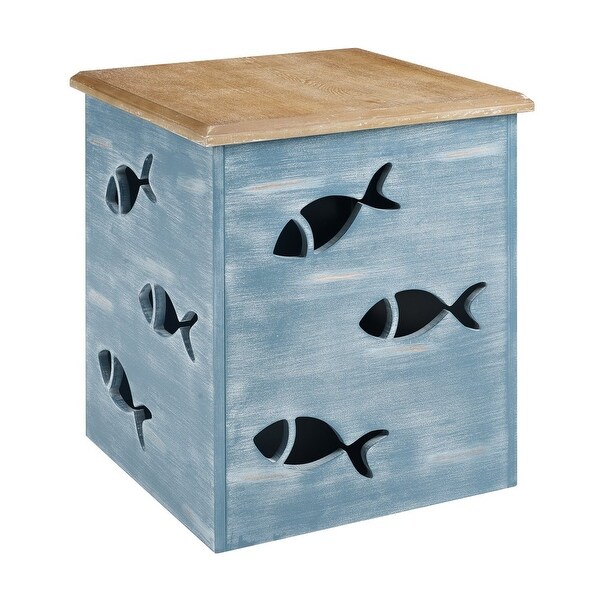 Creekview Coastal Square Metal Accent Side Table with Cutout Fish， Natural Top and Blue Base