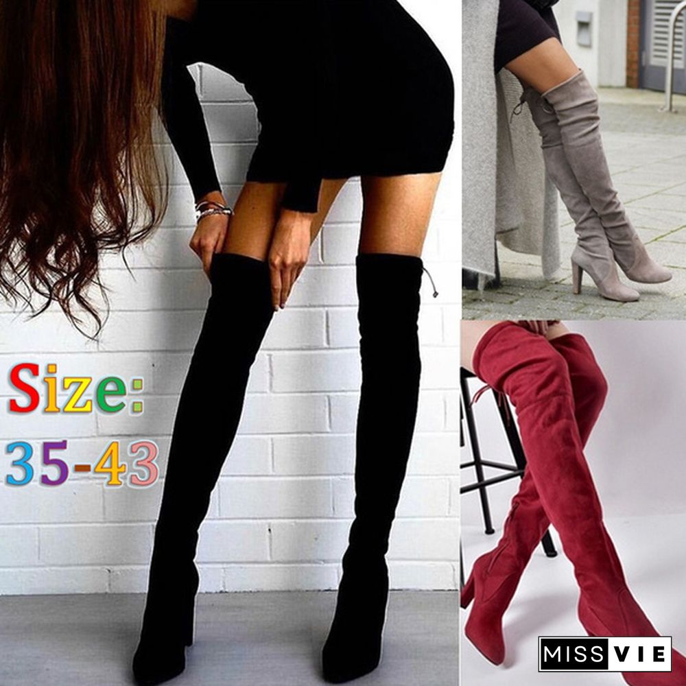 New Fashion Women Stretch Lace Up Slim Thigh High Boots Boots Ladies Over The Knee Winter Boots Botas Feminina High Heels Shoes