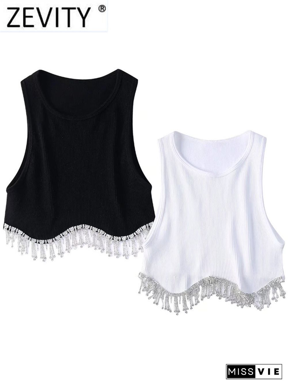 Women High Street Sexy Hem Tassel Diamond Beading Knitting T-Shirt Chic Short Camis Tank Lady Slim Crop Vest Tops Ls1311